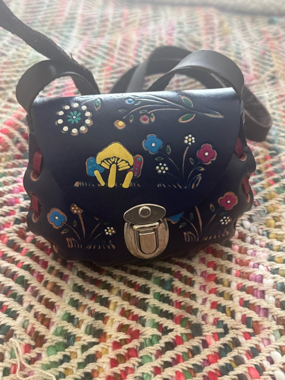 Vintage Hand Tooled Leather Mushroom Crossbody Mini Bag Navy Blue